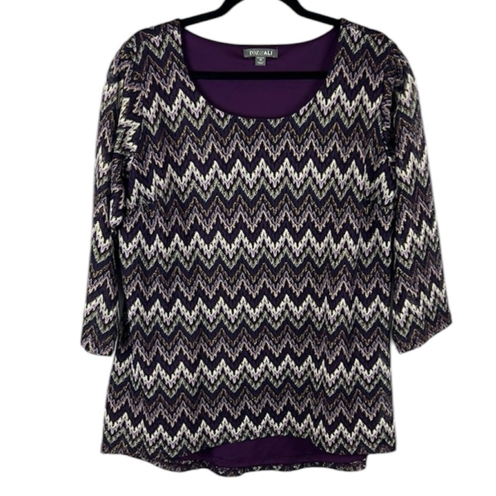 Roz & Ali Chevron Mesh Metallic Overlay 3/4 Sleeve Blouse 1X Purple